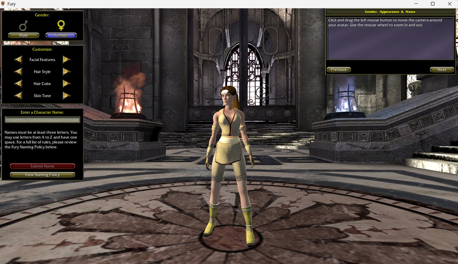 The Fury character creation screen. A character stands in a stone hall lit by\nfire baskets, gender / appearance / name panels down the left, the camera-help\ntooltip top right.