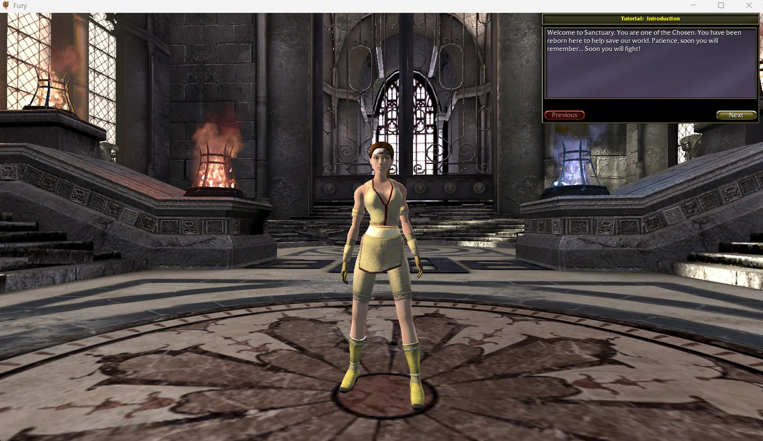 An in-game popup titled &ldquo;Tutorial: Introduction&rdquo;: &ldquo;Welcome to Sanctuary. You\nare one of the Chosen. You have been reborn here to help save our world.\nPatience, soon you will remember&mldr; Soon you will fight!&rdquo;