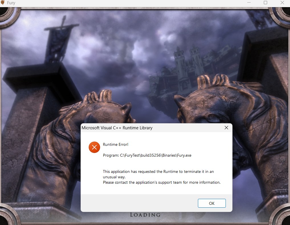A grey &ldquo;Microsoft Visual C++ Runtime Library&rdquo; error box, &ldquo;Runtime Error!\nProgram: C:\\FuryTest\\build35256\\Binaries\\Fury.exe&rdquo;, sitting on top of Fury&rsquo;s menu\nbackground art, bronze horse statues under a stormy sky.