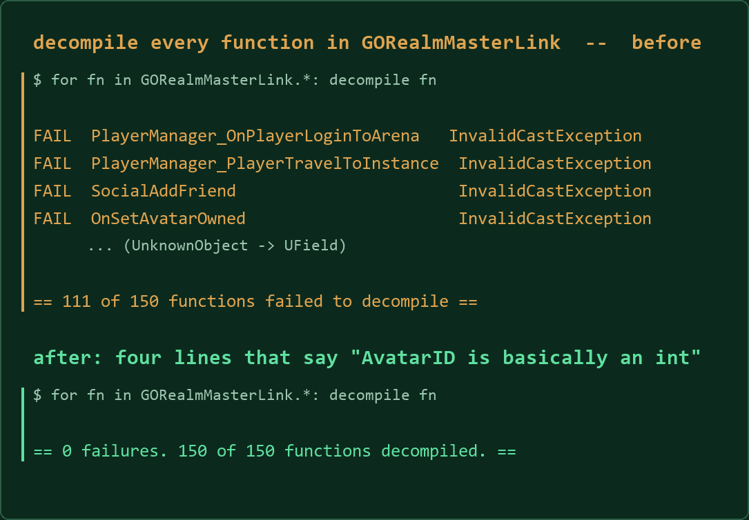The batch over GORealmMasterLink before and after the fix. 111 of 150 functions throwing the same cast exception, then a clean run.
