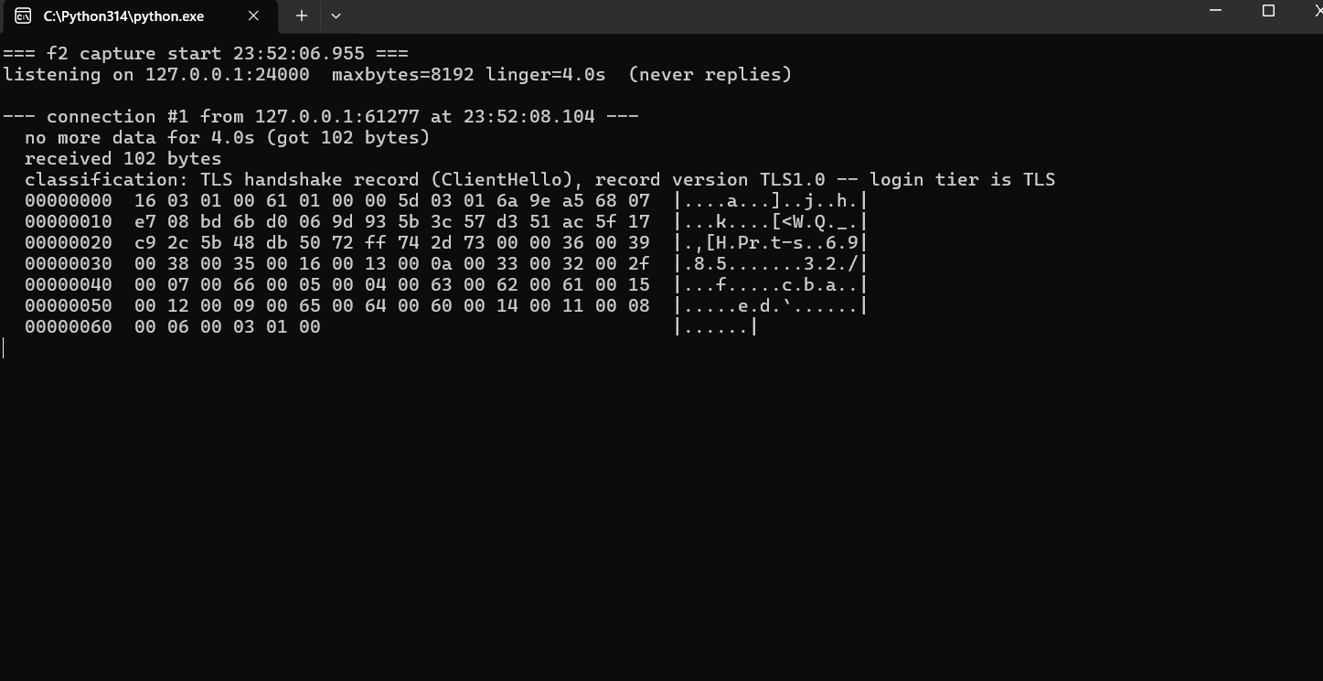 The wiretap catching Fury&rsquo;s opening line. Left column is the raw bytes as\nnumbers, right column is those same bytes read as text, with a dot wherever the\nbyte isn&rsquo;t a printable character. My little program has already labelled it: a\nTLS handshake